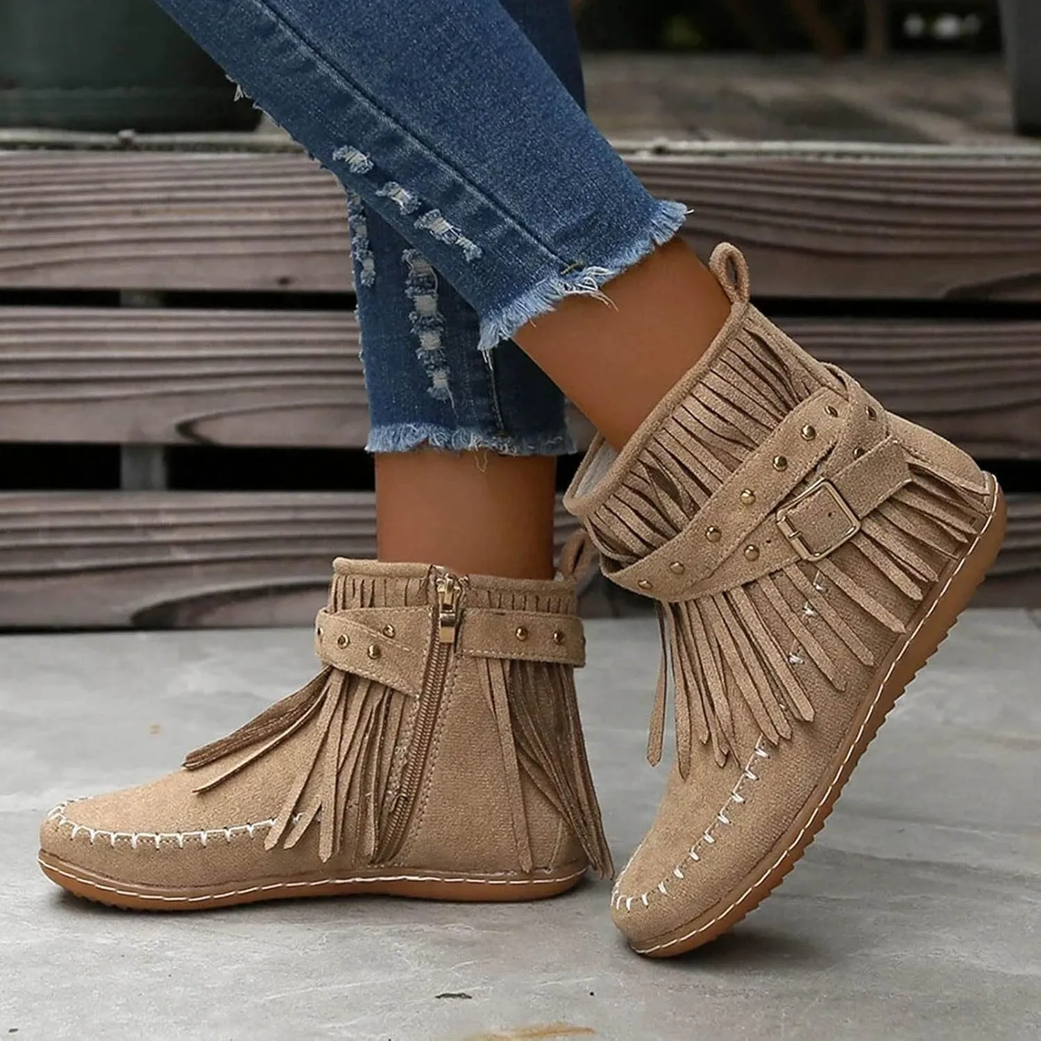 Ankle Boots for Women Low Heel Women's Cowboy Boots Fringe Faux Suede Boots Retro Round Toe Zipper Knight Booties