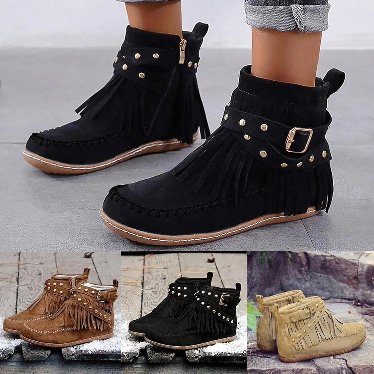 Ankle Boots for Women Low Heel Women's Cowboy Boots Fringe Faux Suede Boots Retro Round Toe Zipper Knight Booties