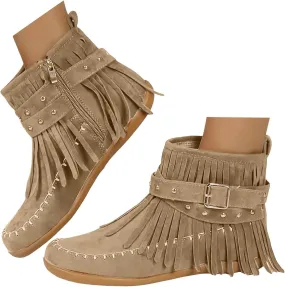 Ankle Boots for Women Low Heel Women's Cowboy Boots Fringe Faux Suede Boots Retro Round Toe Zipper Knight Booties
