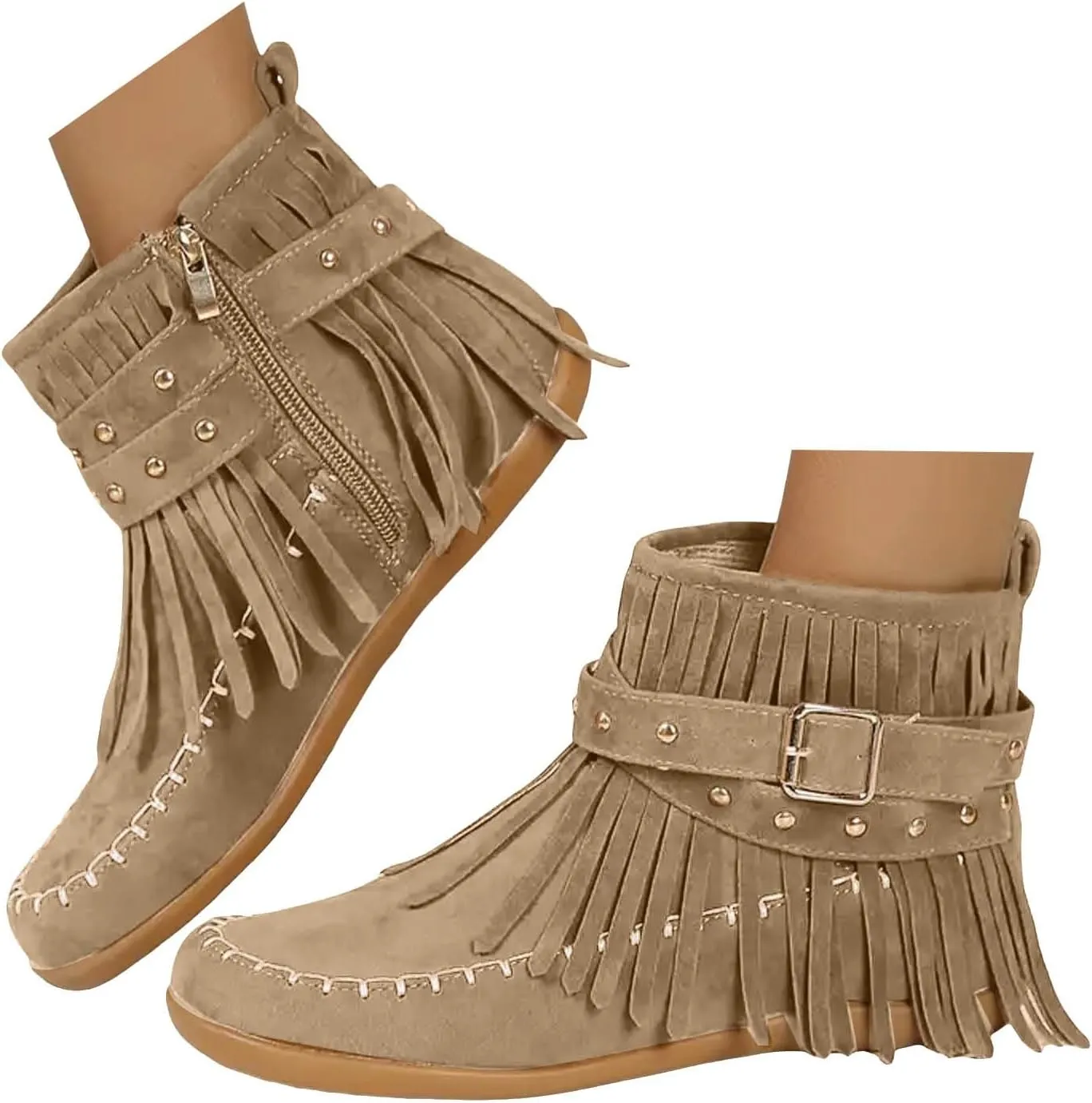 Ankle Boots for Women Low Heel Women's Cowboy Boots Fringe Faux Suede Boots Retro Round Toe Zipper Knight Booties