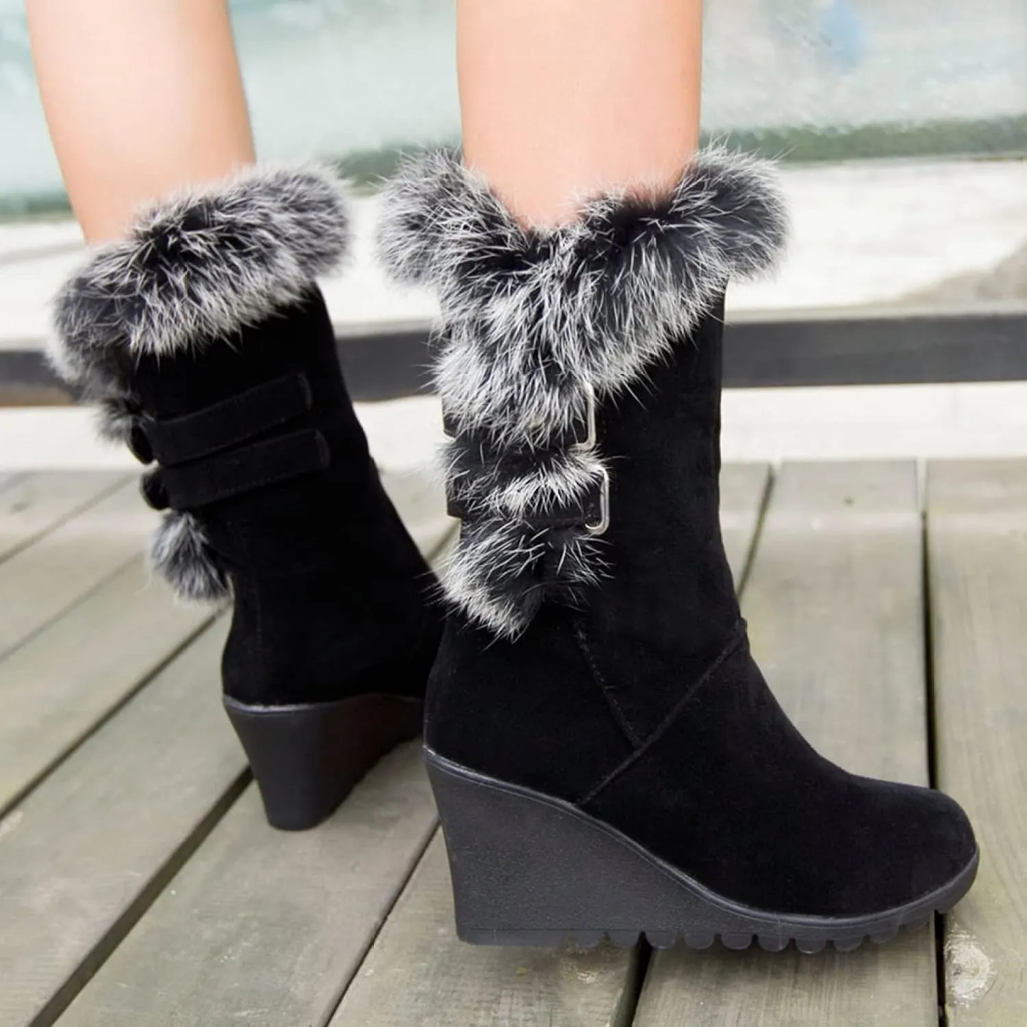 Bcshiye Women's Winter Fur Ankle Boots Suede Buckle Flat Wedge Heel Warm Snow Short Booties Mid Calf Boots for Women