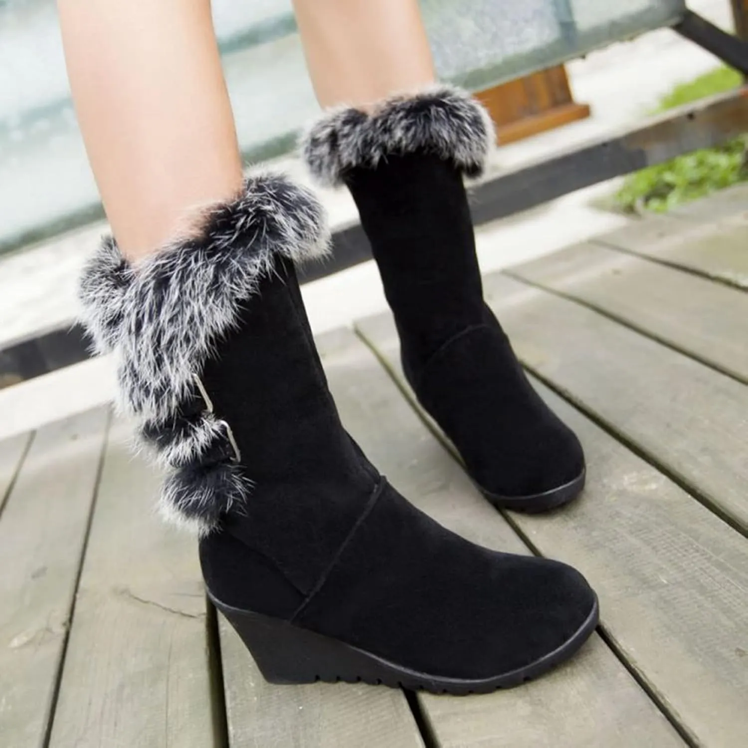 Bcshiye Women's Winter Fur Ankle Boots Suede Buckle Flat Wedge Heel Warm Snow Short Booties Mid Calf Boots for Women