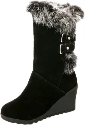 Bcshiye Women's Winter Fur Ankle Boots Suede Buckle Flat Wedge Heel Warm Snow Short Booties Mid Calf Boots for Women