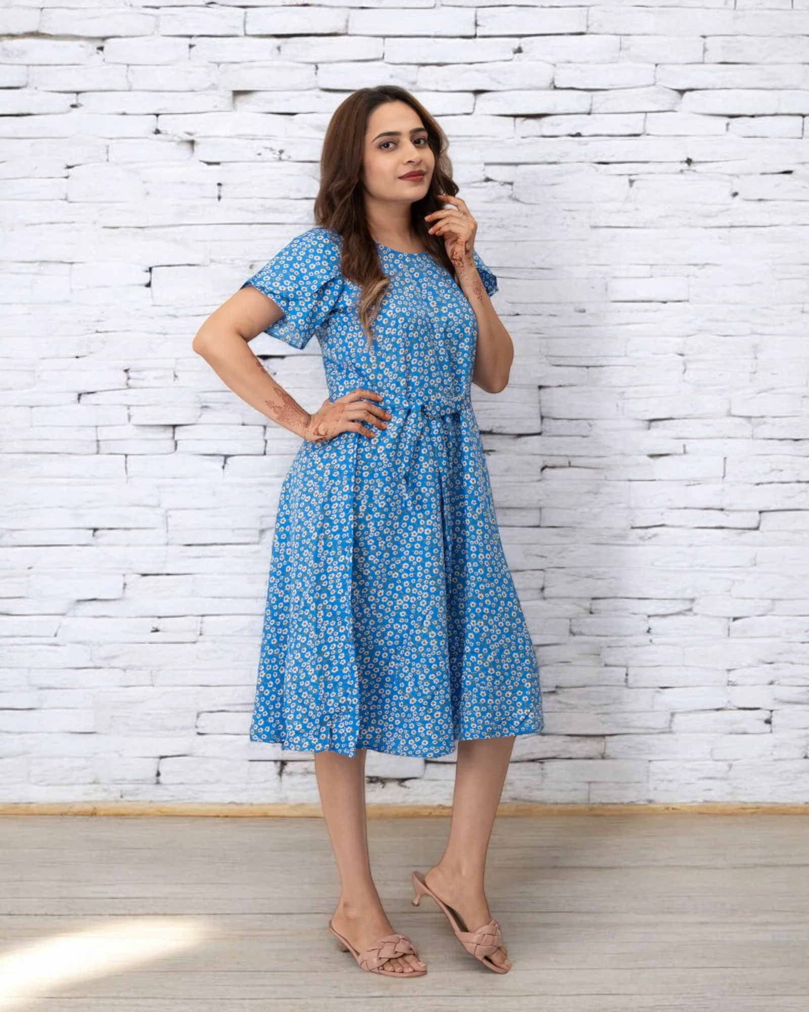 Blue Polka Dots Printed Polyester Midi Dress
