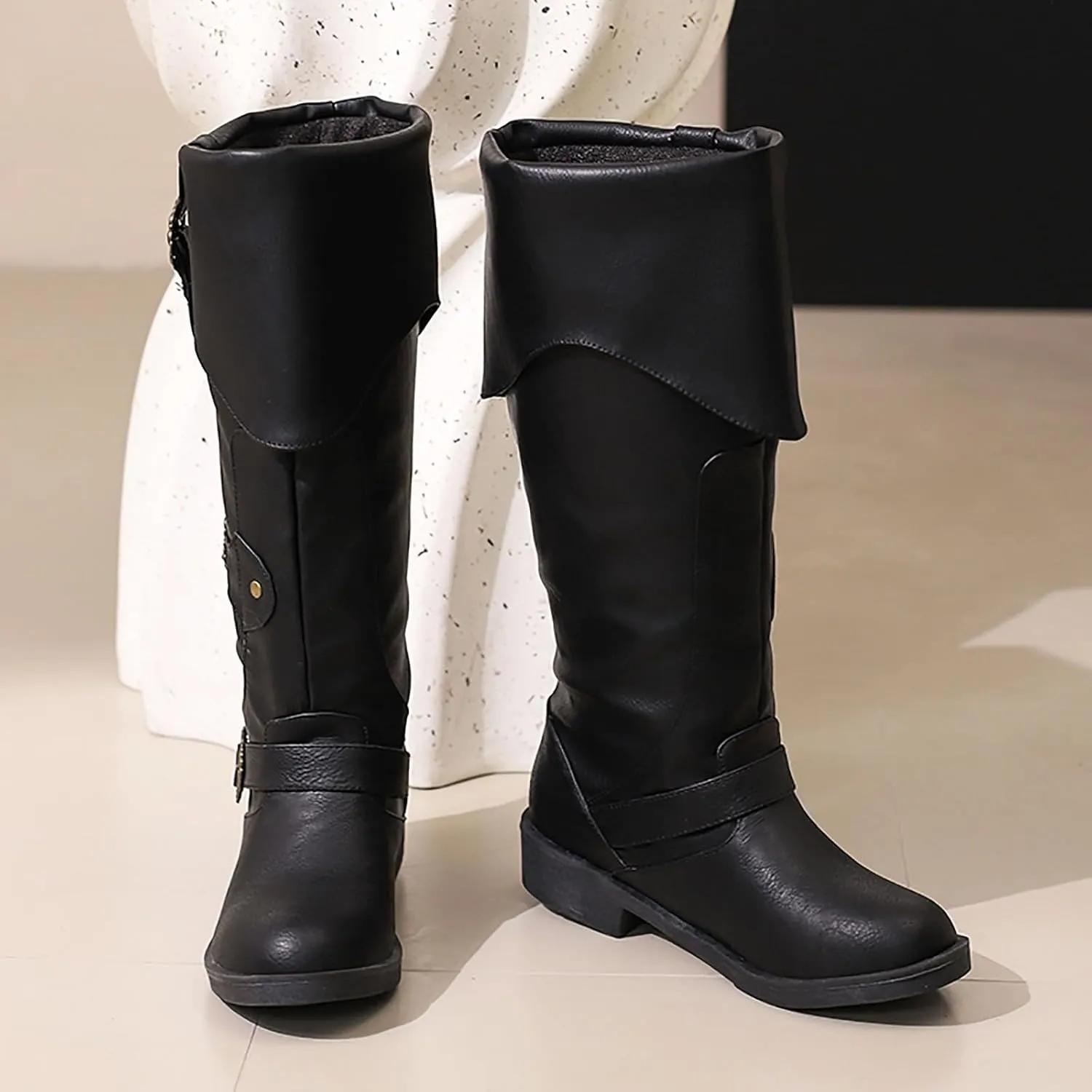 Cathalem Mid Calf Boots for Women Vintage Foldover Pirate Costume Boots Goth Buckle Strap Leather Boots Stylish Cosplay Shoes