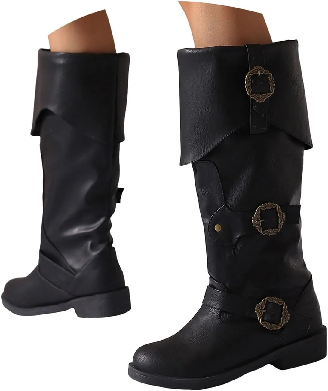 Cathalem Mid Calf Boots for Women Vintage Foldover Pirate Costume Boots Goth Buckle Strap Leather Boots Stylish Cosplay Shoes