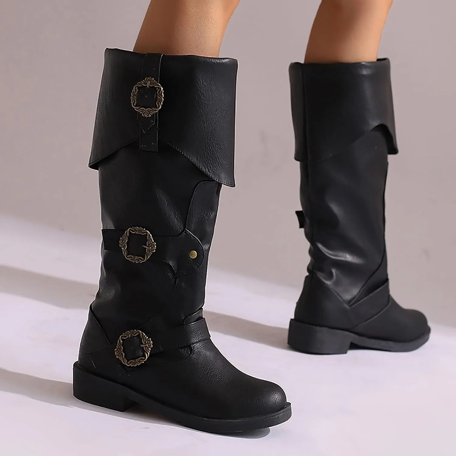 Cathalem Mid Calf Boots for Women Vintage Foldover Pirate Costume Boots Goth Buckle Strap Leather Boots Stylish Cosplay Shoes