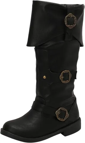 Cathalem Mid Calf Boots for Women Vintage Foldover Pirate Costume Boots Goth Buckle Strap Leather Boots Stylish Cosplay Shoes