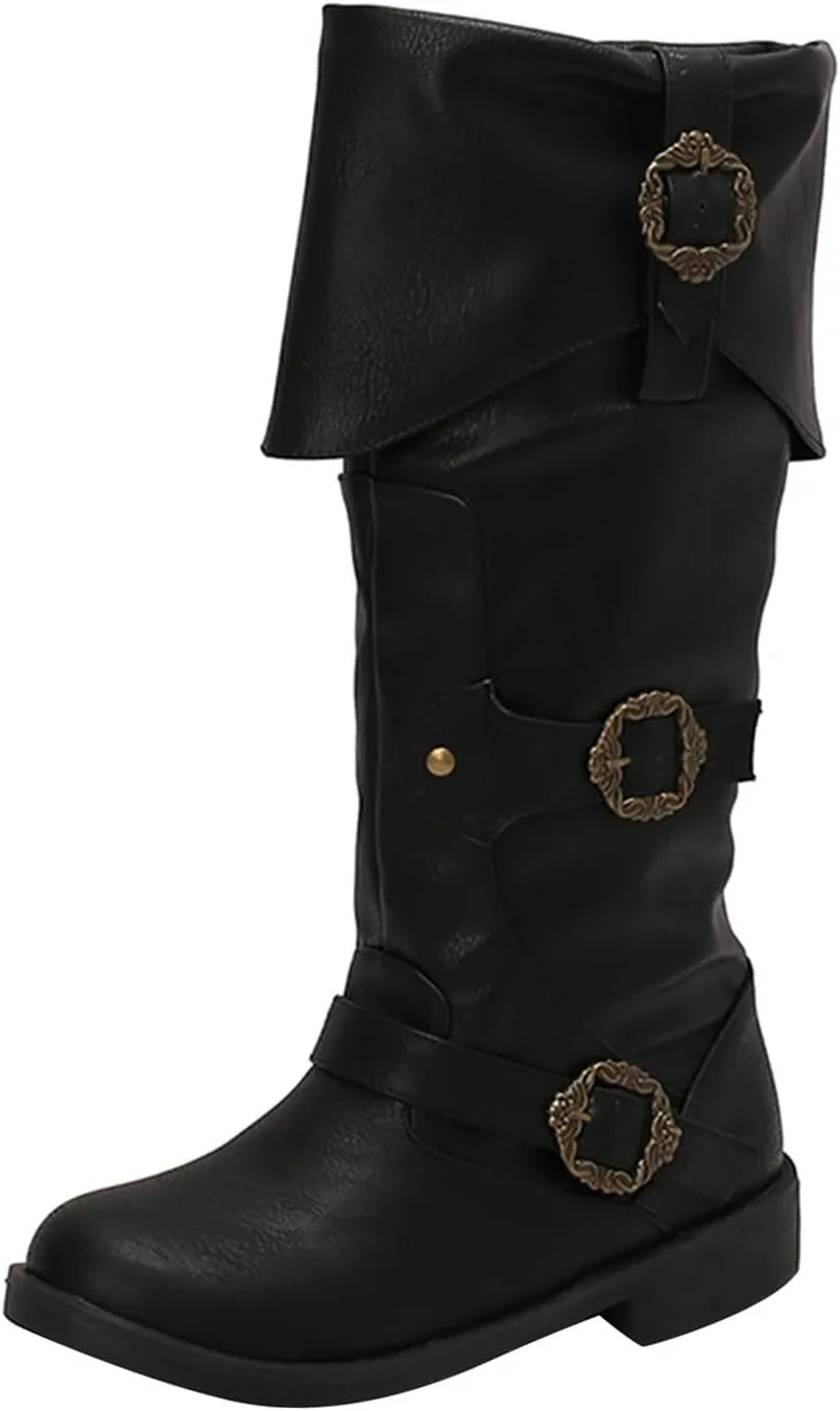 Cathalem Mid Calf Boots for Women Vintage Foldover Pirate Costume Boots Goth Buckle Strap Leather Boots Stylish Cosplay Shoes