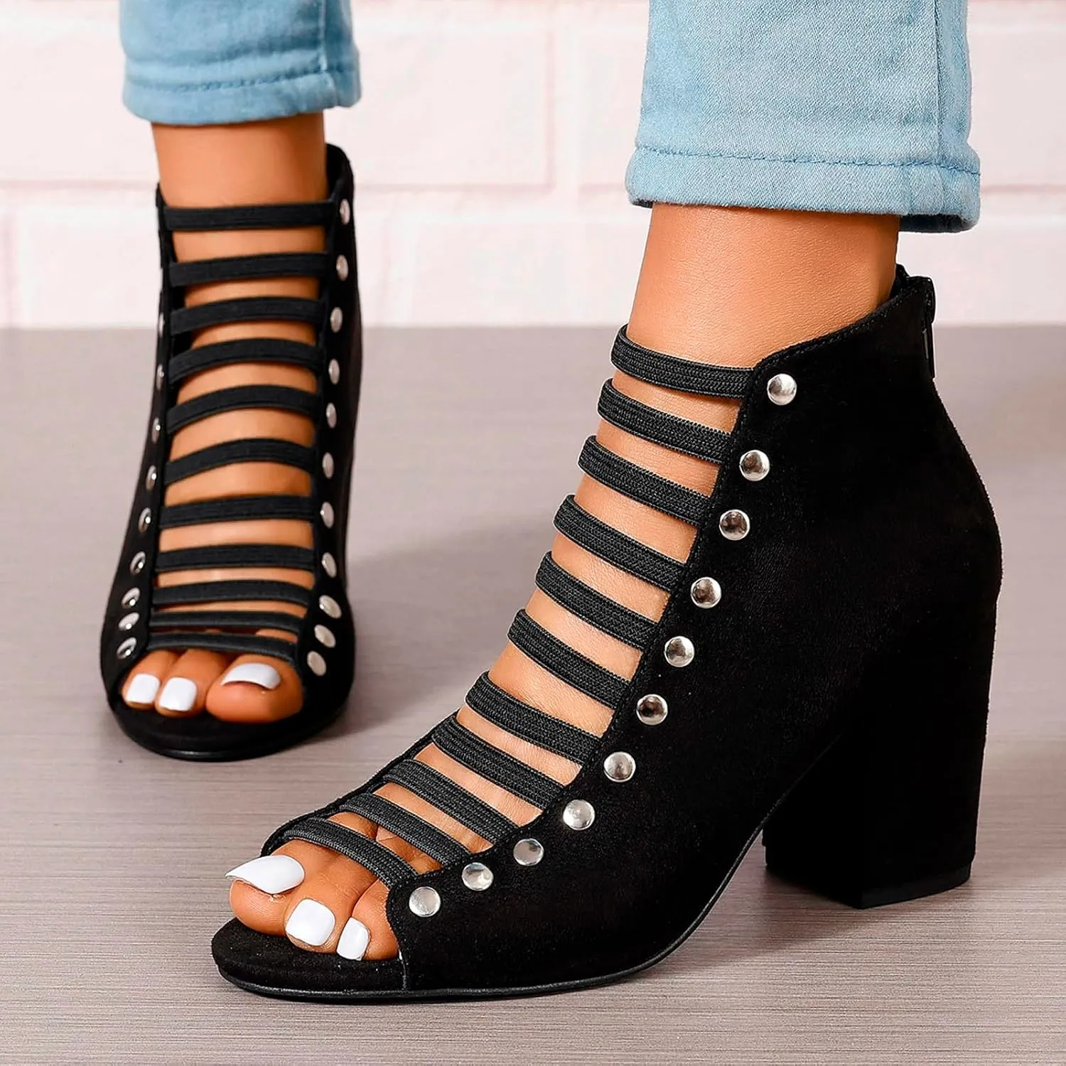 Chunky Block Heel Sandals for Women Dressy,Open Toe Slingback Strappy Heels for Women Sexy Back Zipper Ladies Cutout Dress Shoes Holiday Party Wedding Summer Ankle Booties