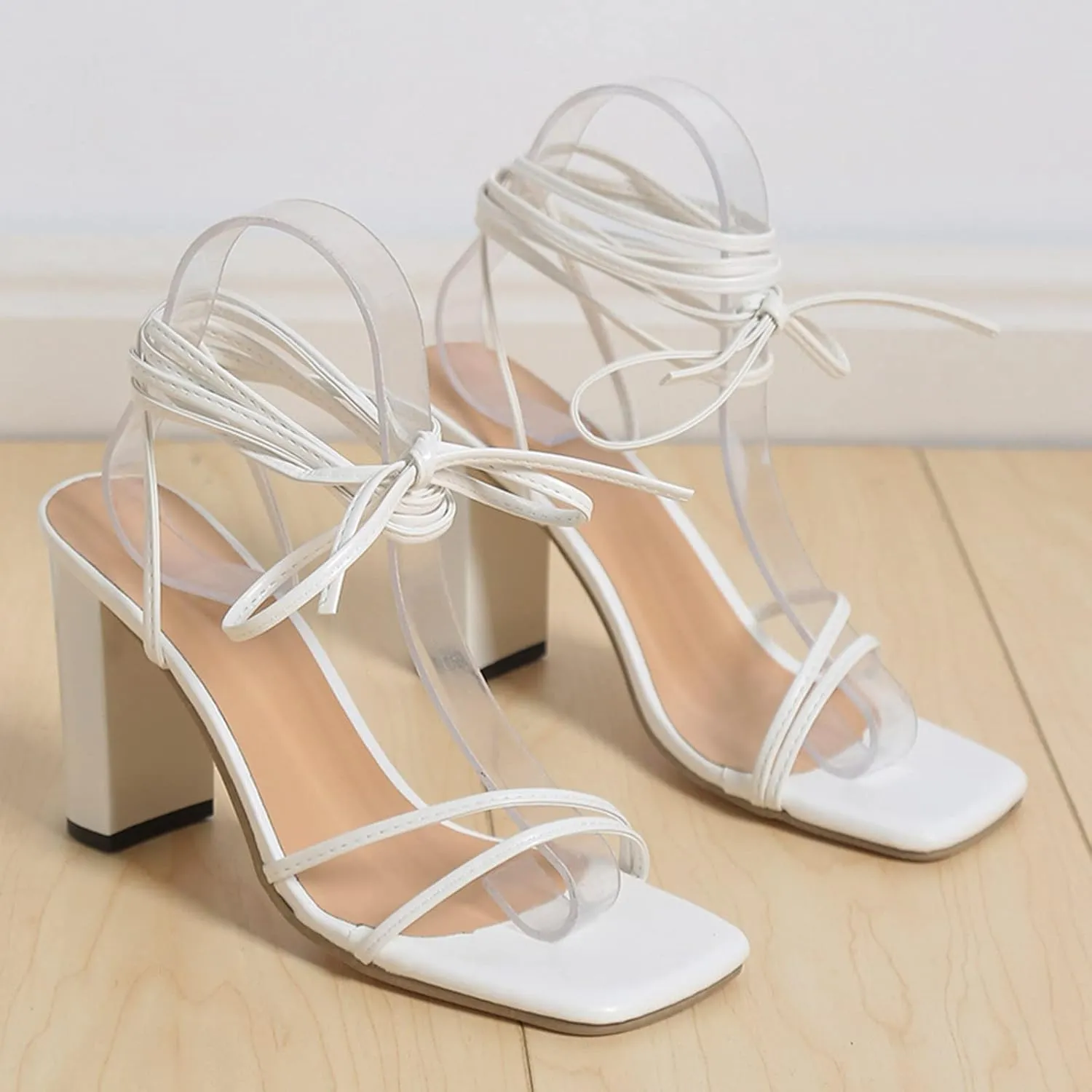 Chunky Heels for Women Strappy Open Toe High Heels Black Lace up Heeled Sandals Wedding Party Dress Shoes