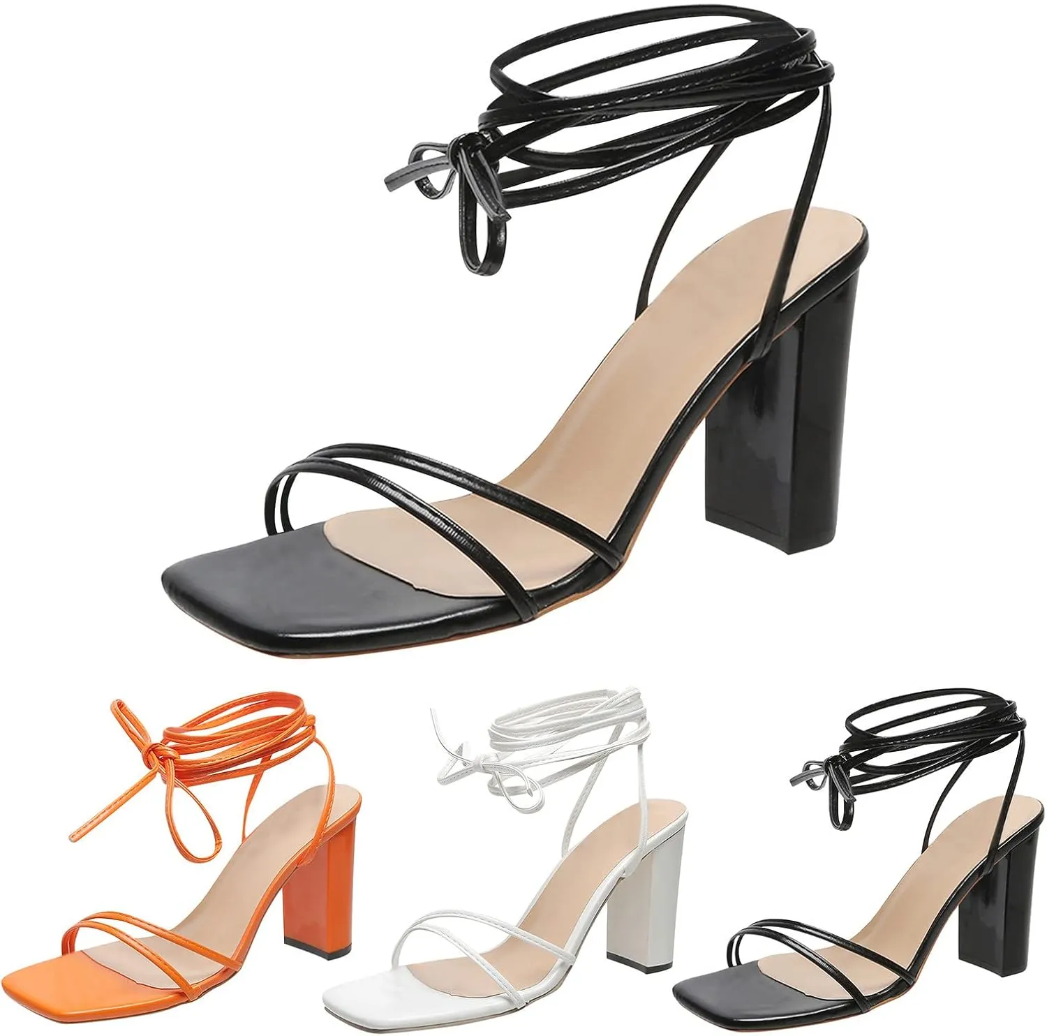 Chunky Heels for Women Strappy Open Toe High Heels Black Lace up Heeled Sandals Wedding Party Dress Shoes