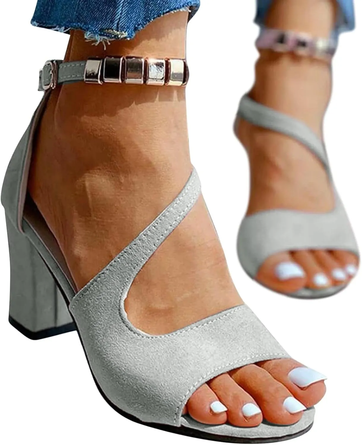 Comfortable Walking Strappy Open Toe Sandals Fish Mouth High Heels Summer Casual Ankle Strap Sandals Pumps Boho