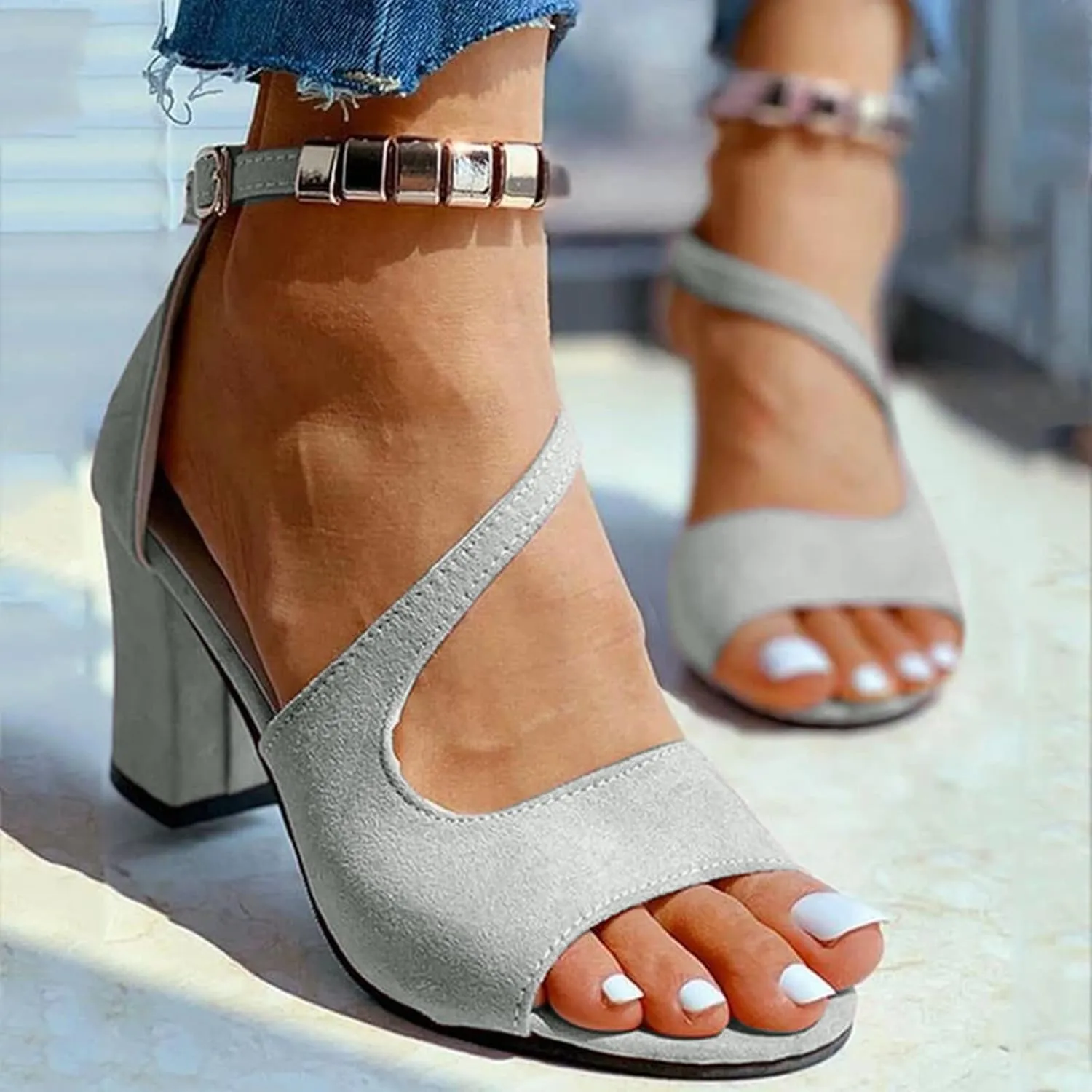 Comfortable Walking Strappy Open Toe Sandals Fish Mouth High Heels Summer Casual Ankle Strap Sandals Pumps Boho