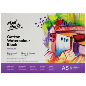 Cotton Watercolour Paper Block Premium 300gsm A5 (8.3 x 5.8in) 12 Sheet