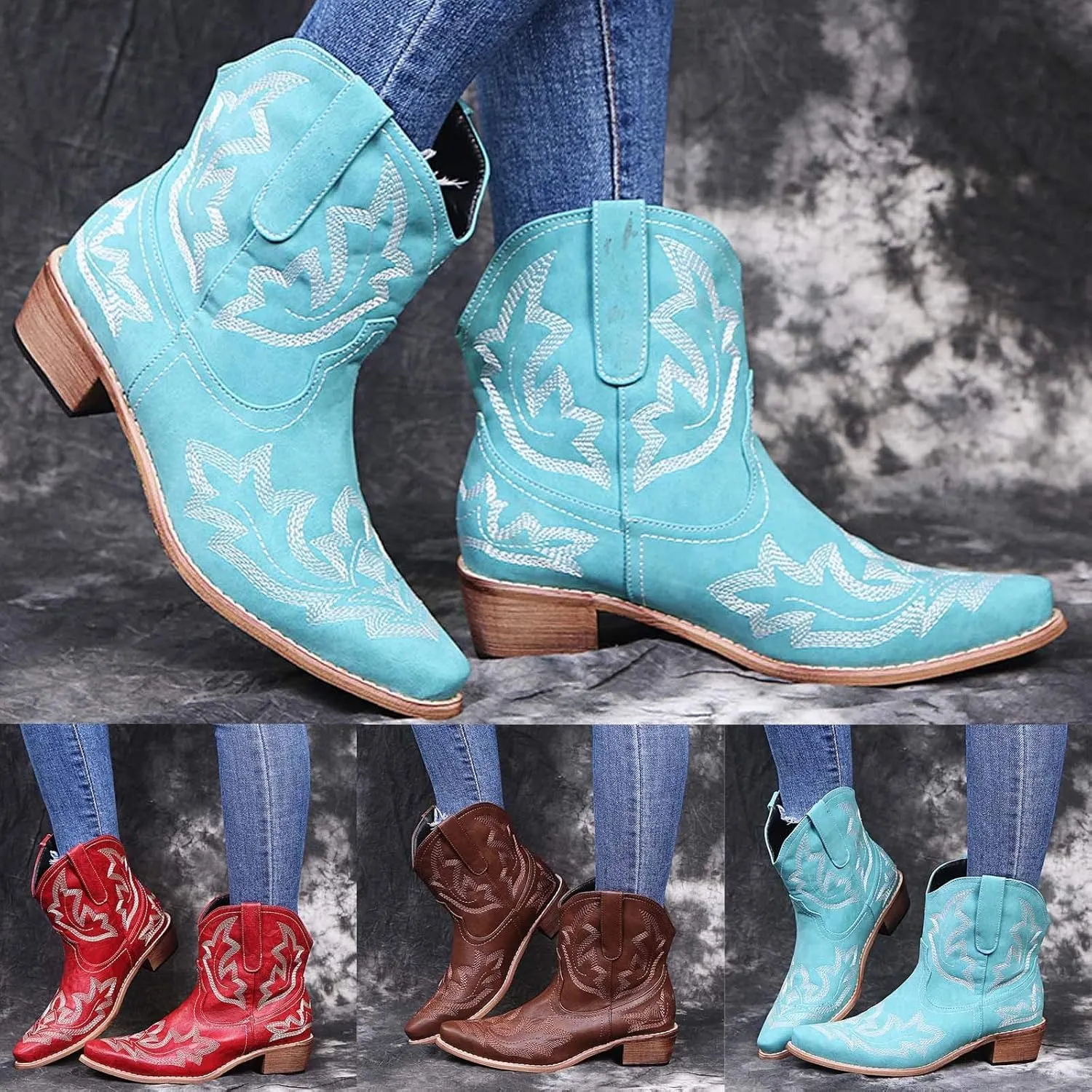 Cowboy Boots for Women Mid Calf Cowgirl Boots Western Autunm Pointed Toe Slip On Flower Embroidery Chunky Heel Boots