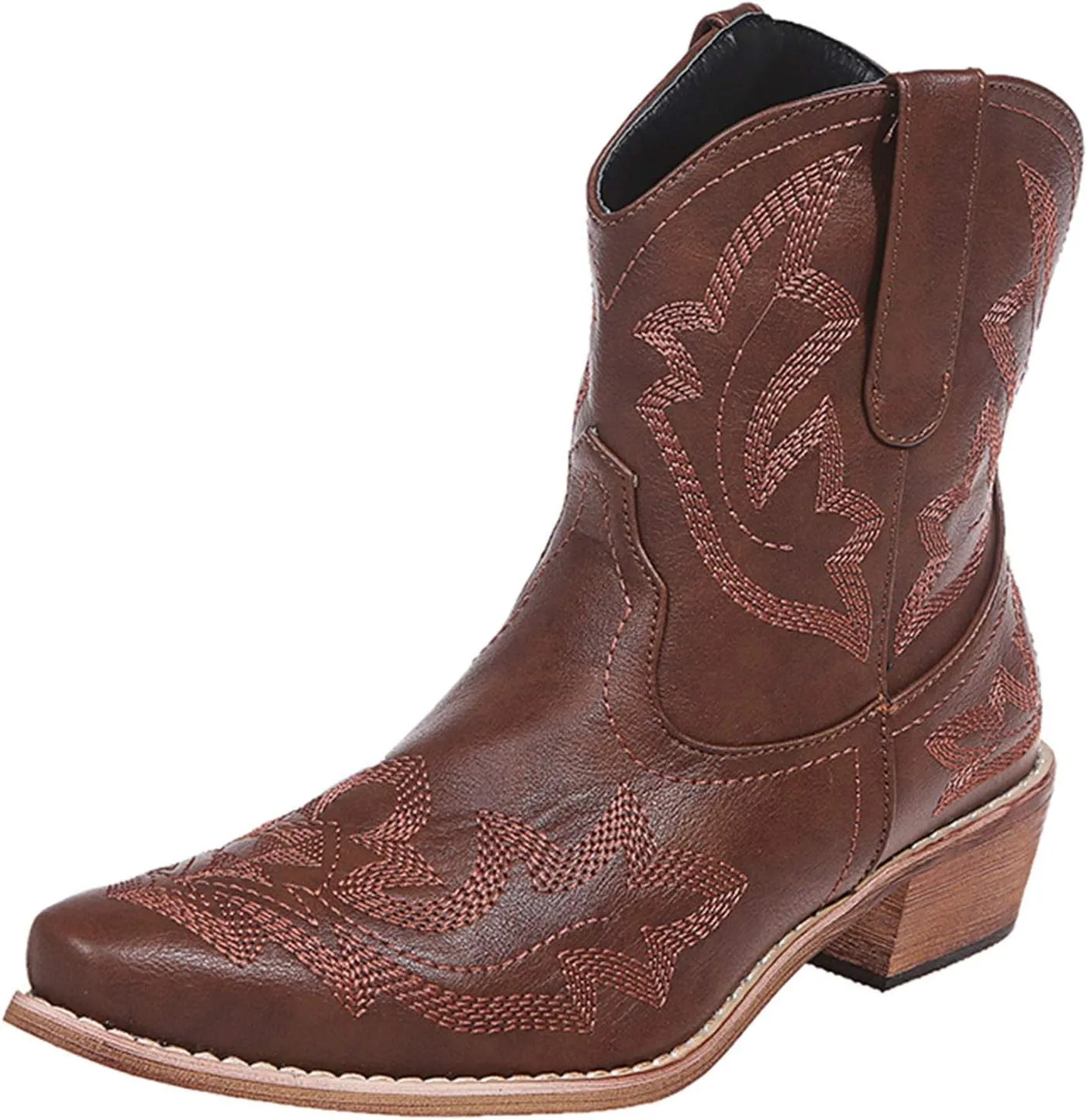 Cowboy Boots for Women Mid Calf Cowgirl Boots Western Autunm Pointed Toe Slip On Flower Embroidery Chunky Heel Boots