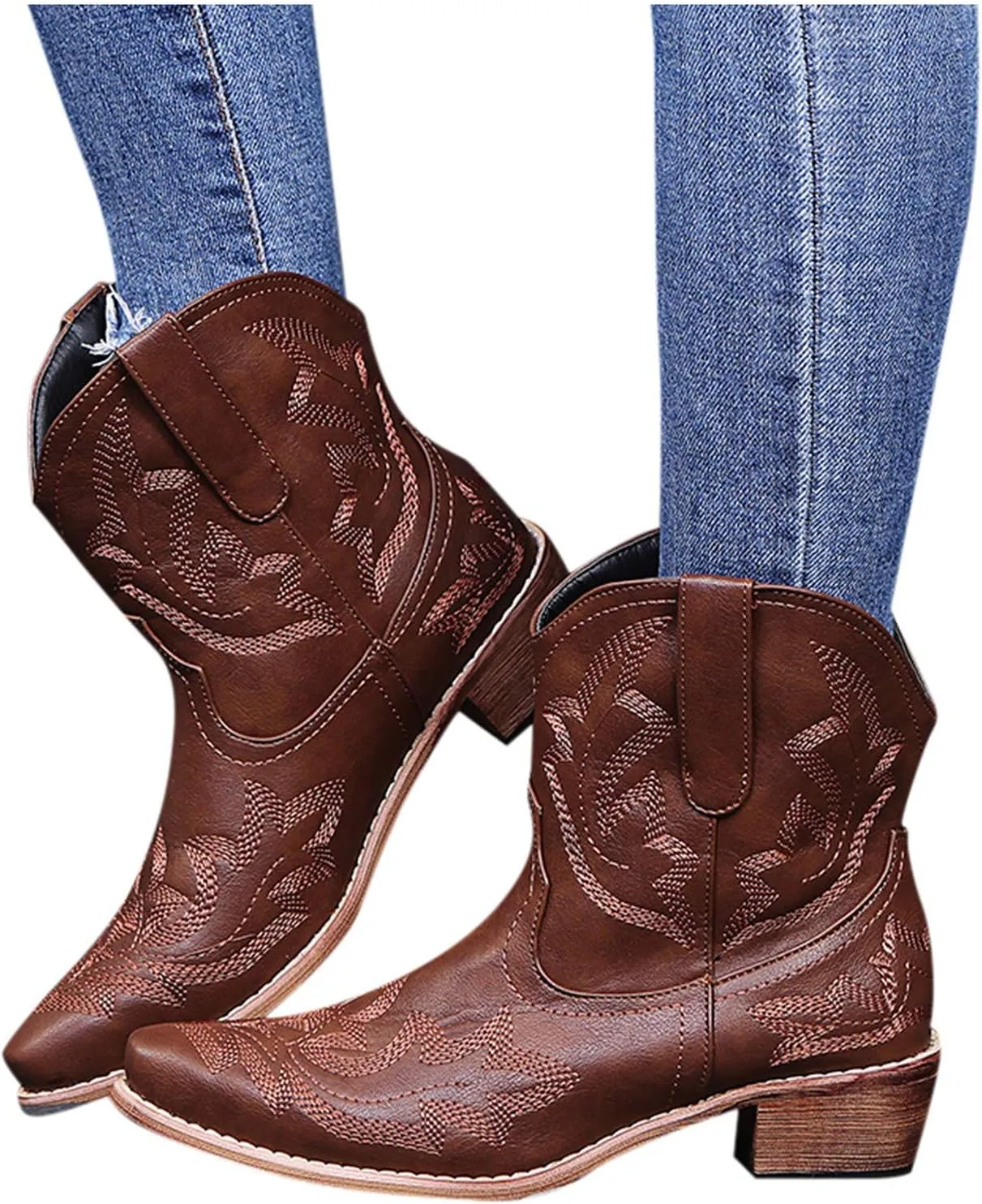 Cowboy Boots for Women Mid Calf Cowgirl Boots Western Autunm Pointed Toe Slip On Flower Embroidery Chunky Heel Boots