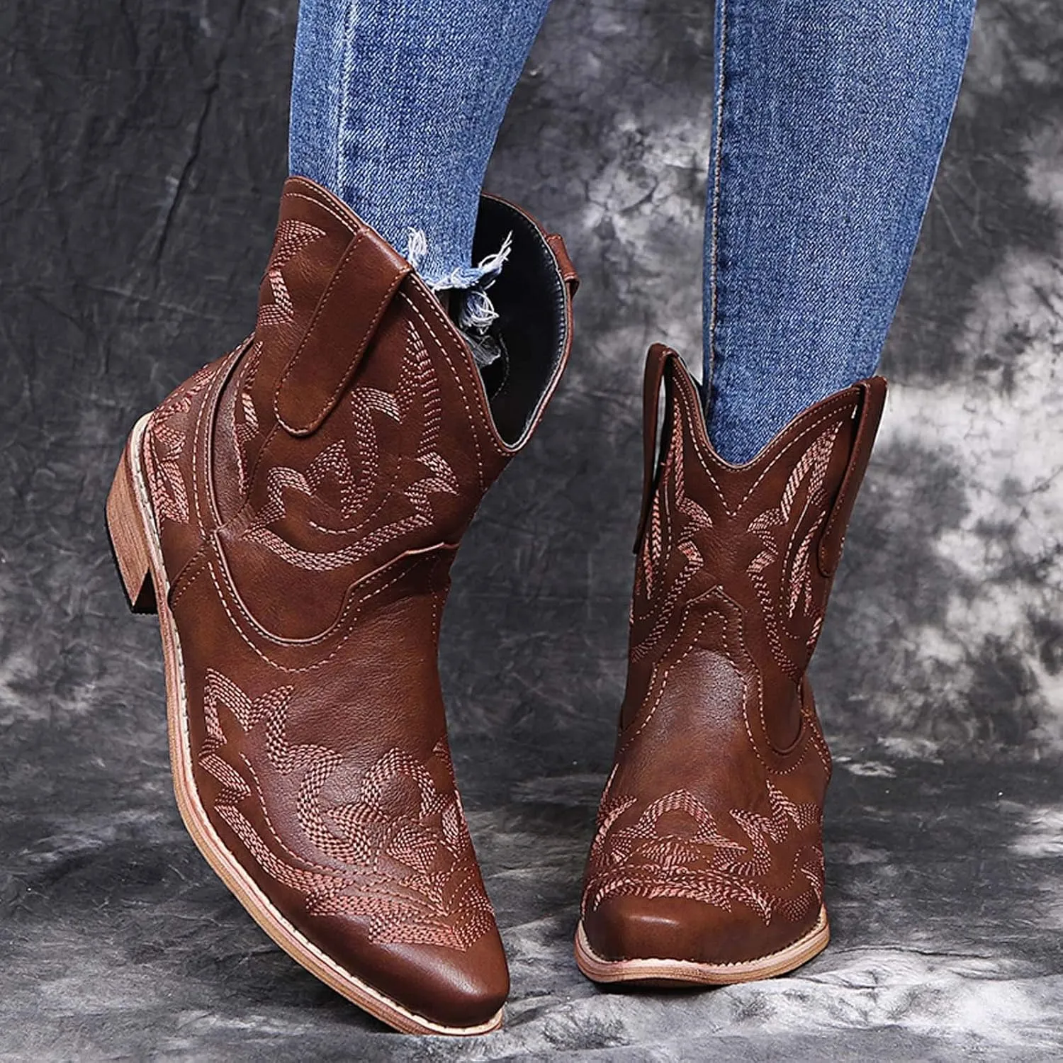 Cowboy Boots for Women Mid Calf Cowgirl Boots Western Autunm Pointed Toe Slip On Flower Embroidery Chunky Heel Boots