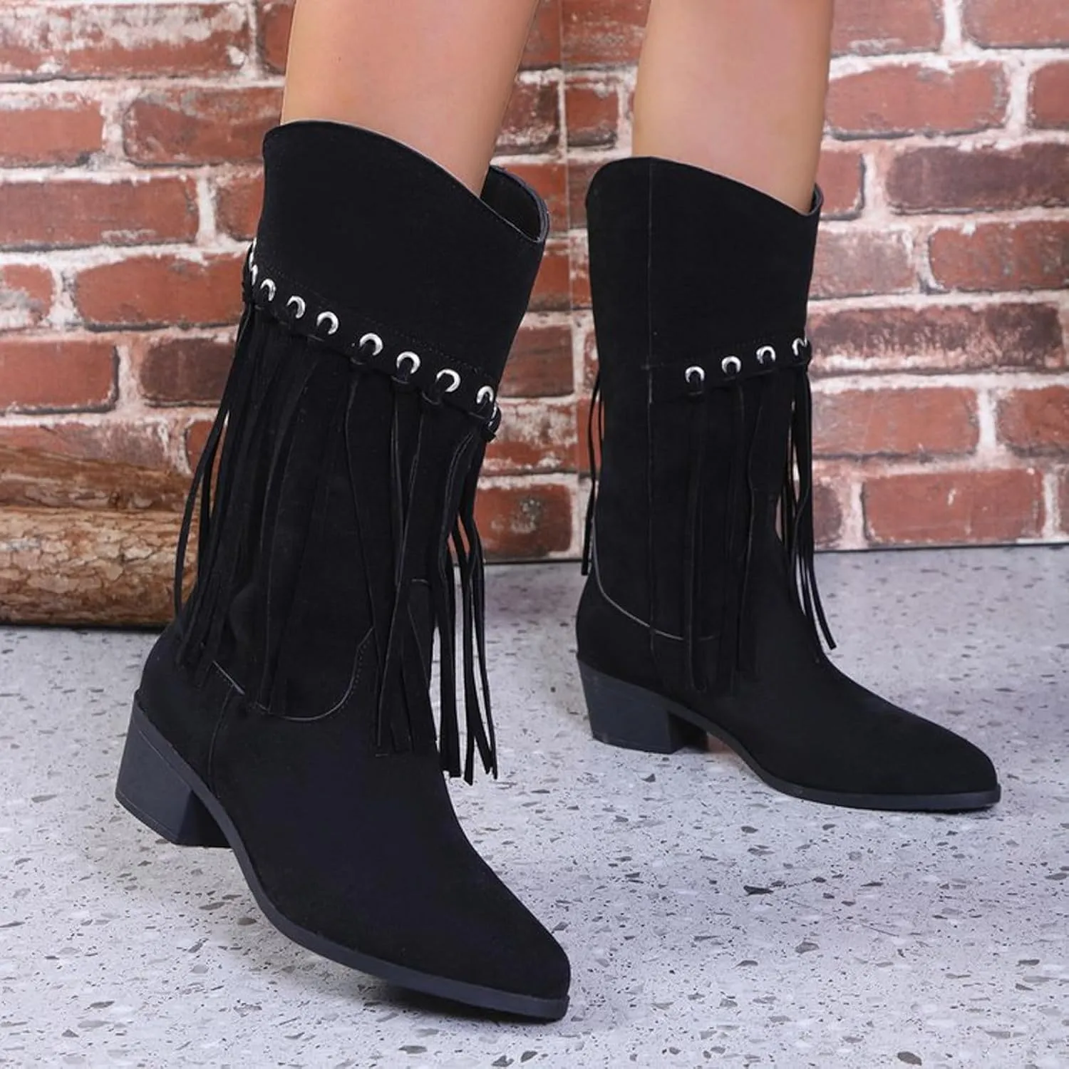 Cowboy Boots for Women, Womens Fringe Faux Suede Boots Retro Cowgirl Boots Pointed Toe Low Heel Mid Calf Boots