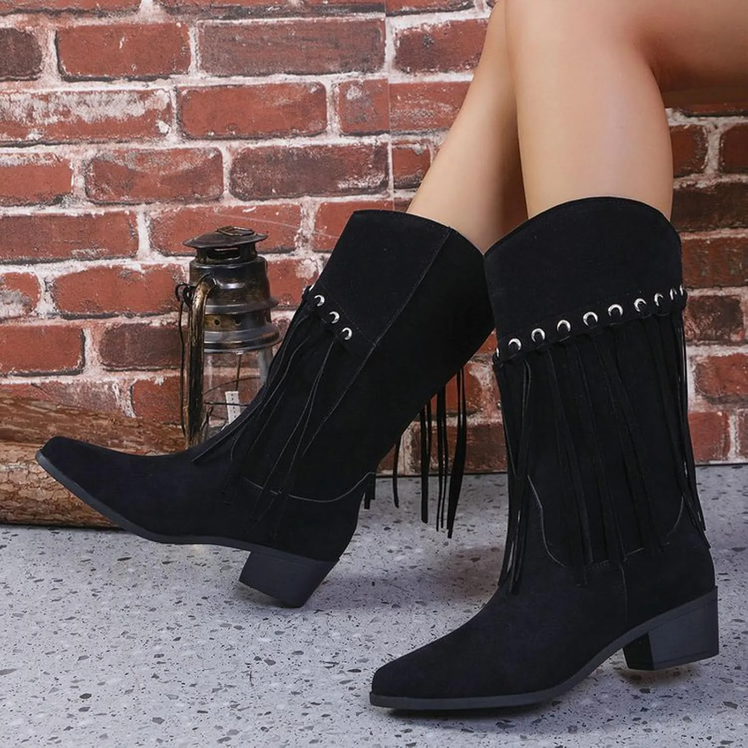 Cowboy Boots for Women, Womens Fringe Faux Suede Boots Retro Cowgirl Boots Pointed Toe Low Heel Mid Calf Boots