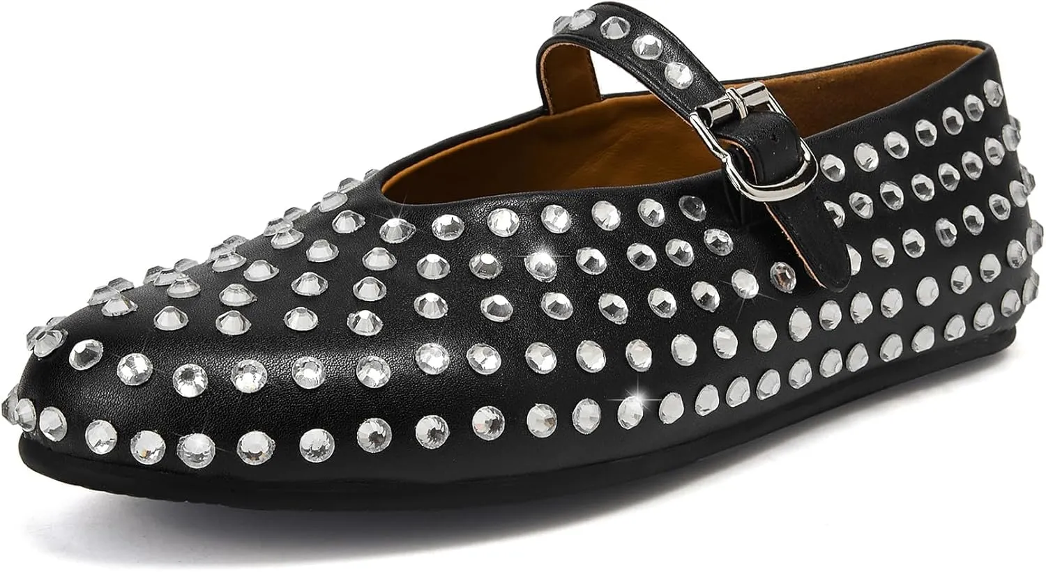 Crystal Rhinestone Flats for Women's Sparkly Ballerina Shoes Buckle Strap Mary Jane Flats Round Toe Casual Dress Shoes- Low Heel Comfort Casual Shoe