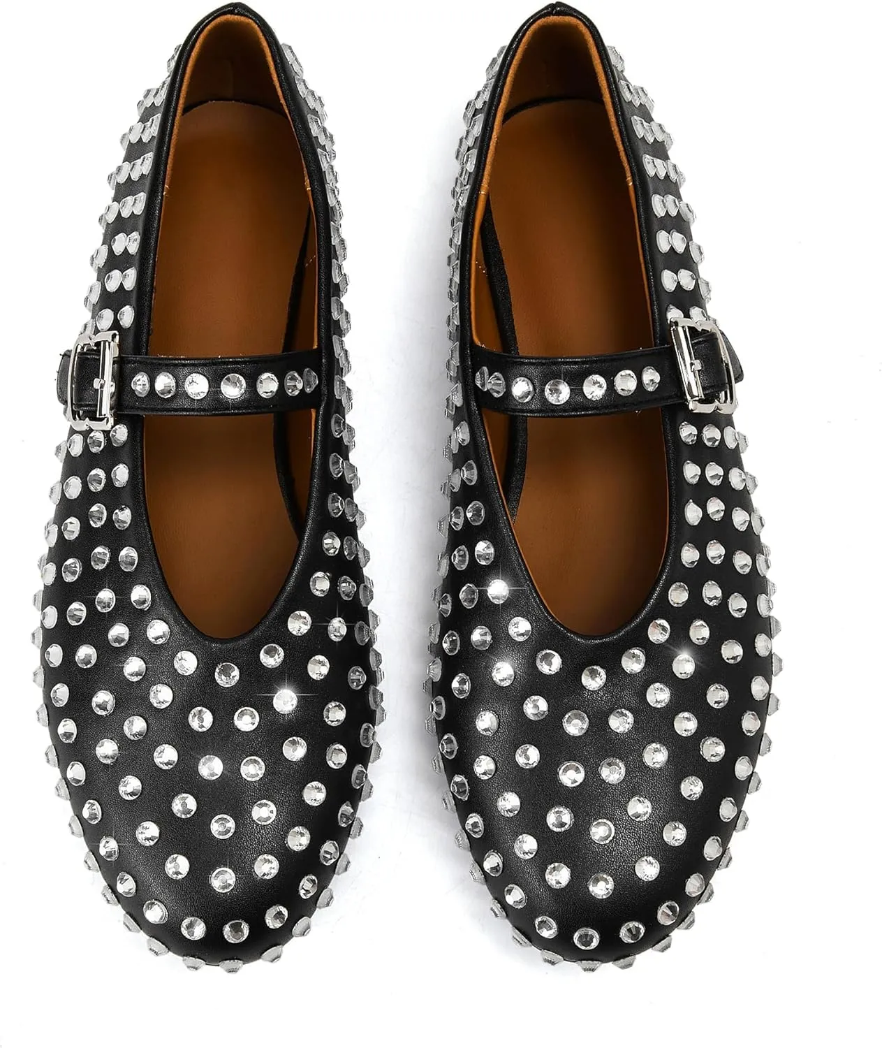 Crystal Rhinestone Flats for Women's Sparkly Ballerina Shoes Buckle Strap Mary Jane Flats Round Toe Casual Dress Shoes- Low Heel Comfort Casual Shoe
