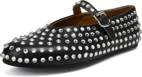 Crystal Rhinestone Flats for Women's Sparkly Ballerina Shoes Buckle Strap Mary Jane Flats Round Toe Casual Dress Shoes- Low Heel Comfort Casual Shoe