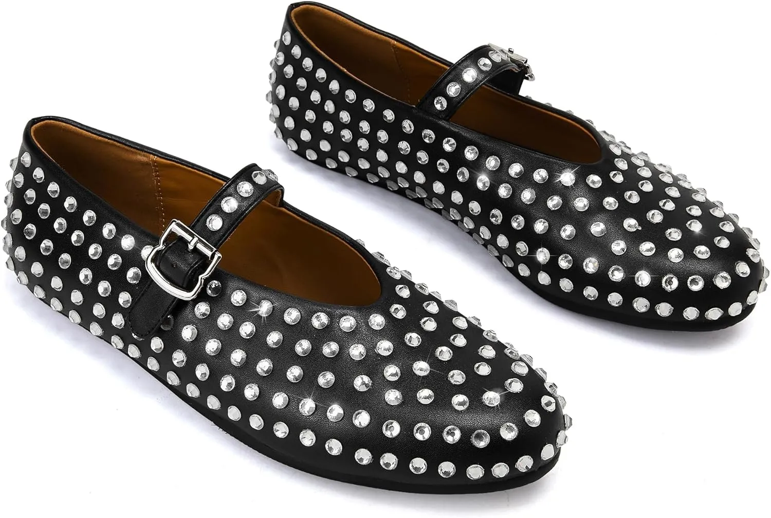 Crystal Rhinestone Flats for Women's Sparkly Ballerina Shoes Buckle Strap Mary Jane Flats Round Toe Casual Dress Shoes- Low Heel Comfort Casual Shoe