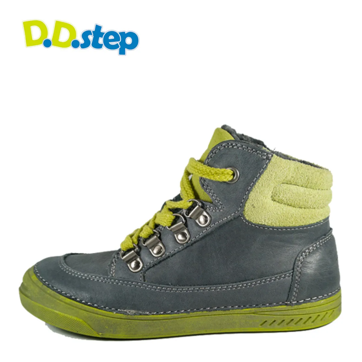 D.D. Step big kid boy shoes/winter boots with faux fur insulation grey with neon green size US 13-4