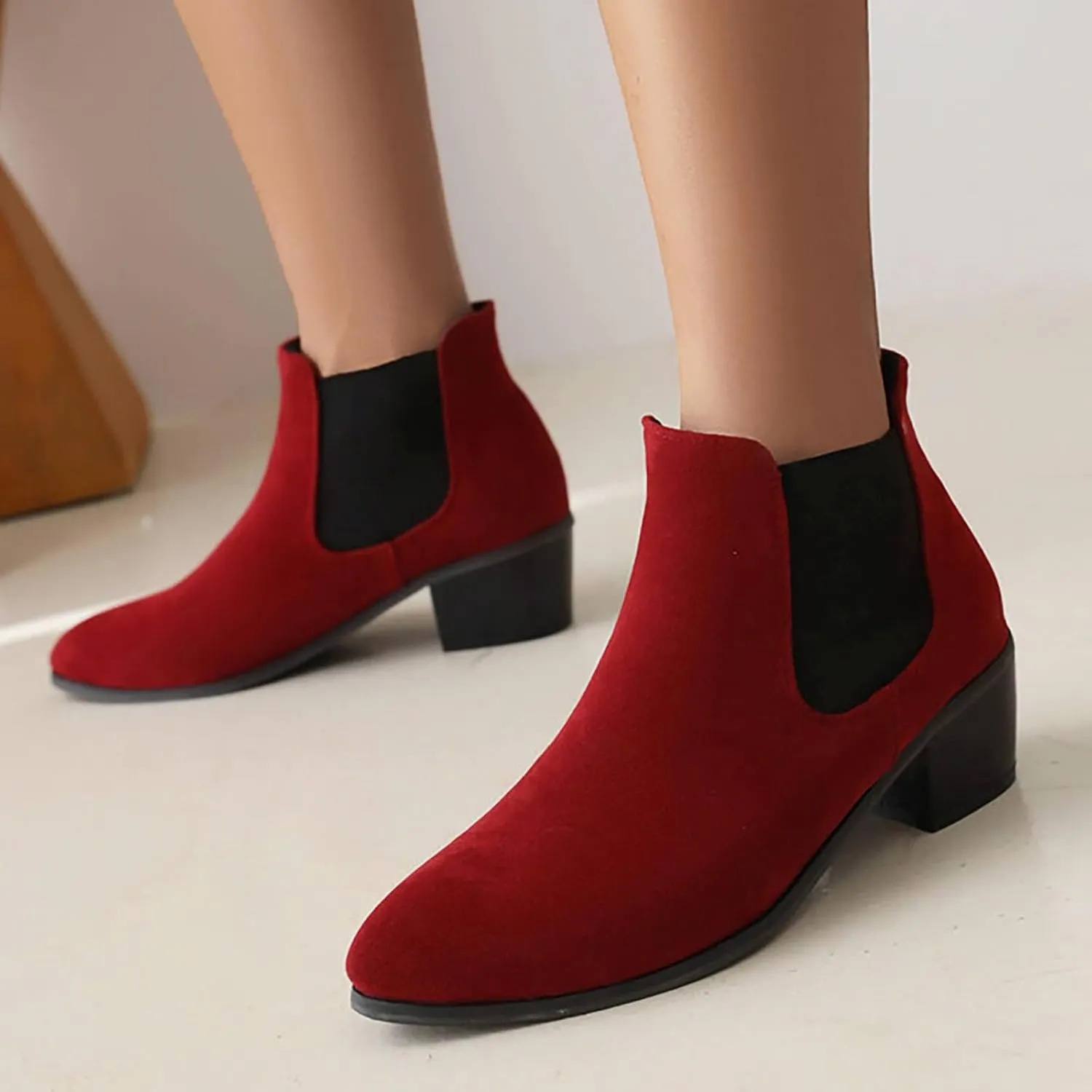 Fall Boots Womens Chunky Block Heel Slip On Almond Toe Chelsea Ankle Boots w/Double Elastic Gore