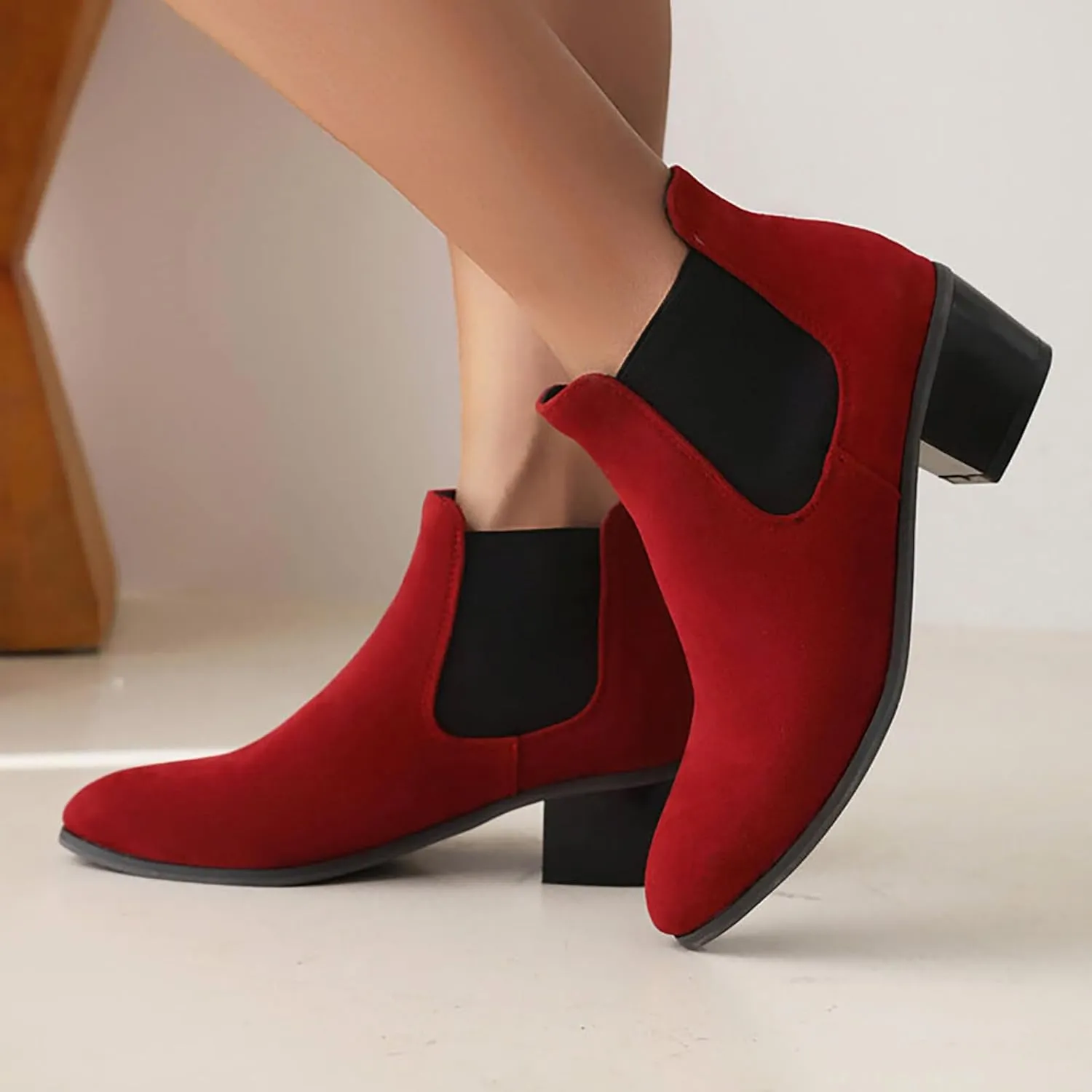 Fall Boots Womens Chunky Block Heel Slip On Almond Toe Chelsea Ankle Boots w/Double Elastic Gore