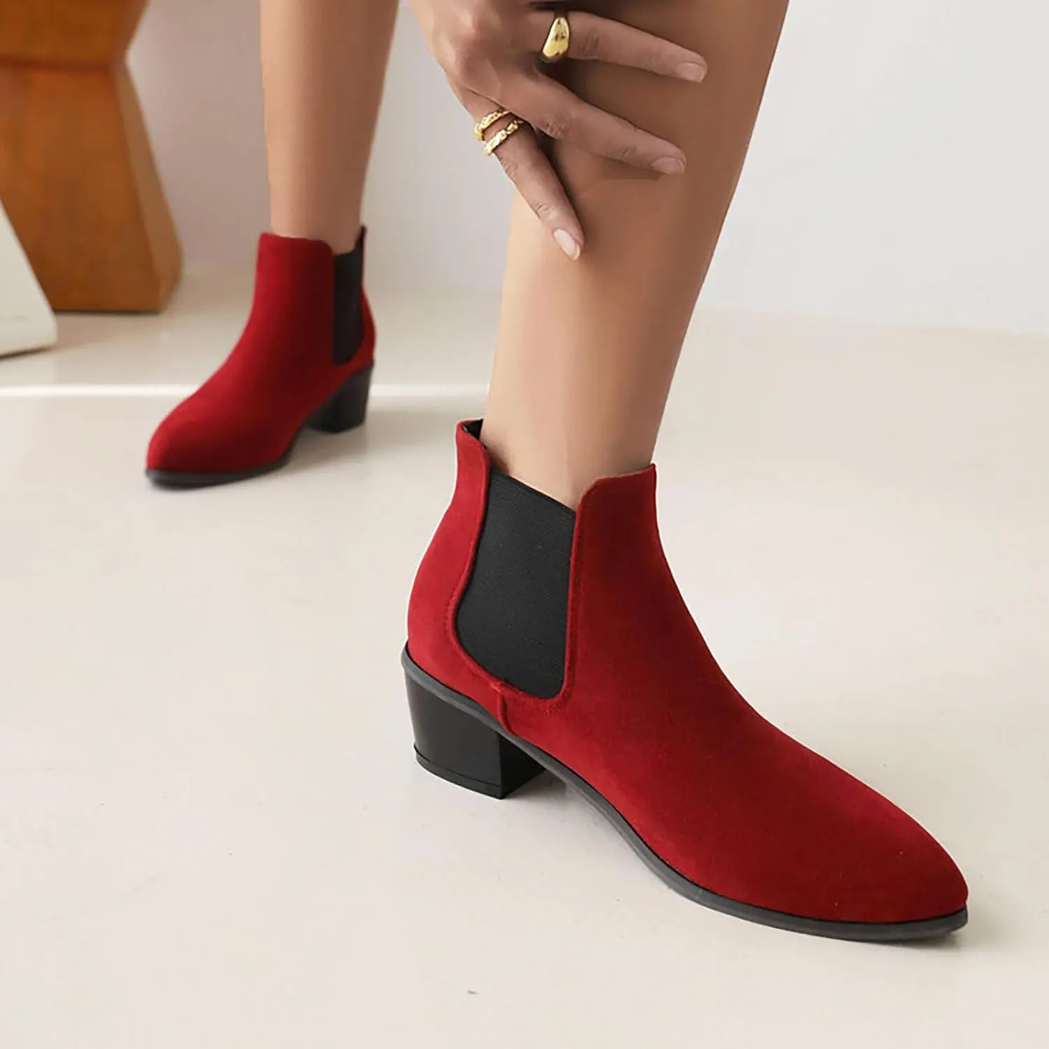 Fall Boots Womens Chunky Block Heel Slip On Almond Toe Chelsea Ankle Boots w/Double Elastic Gore