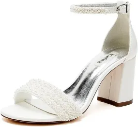 High Block Heel Wedding Sandals Beaded Wedding Shoes for Bride Ankle Strap Bridal Heels