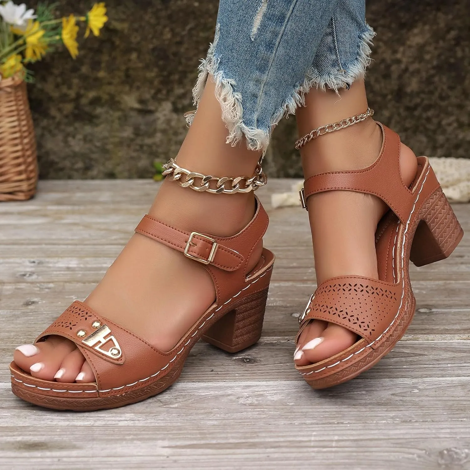 High Chunky Heels Ankle Strap Dress Sandals Outer Wear Fashion Casual Thick Bottom Sandals Female