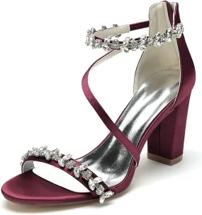 High Heels for Women Sexy Open Toe Rhinestones Chunky Heel Pumps Sandal Wedding Dress Shoes for Bride Bridal Block Heels Heeled Sandals Wide
