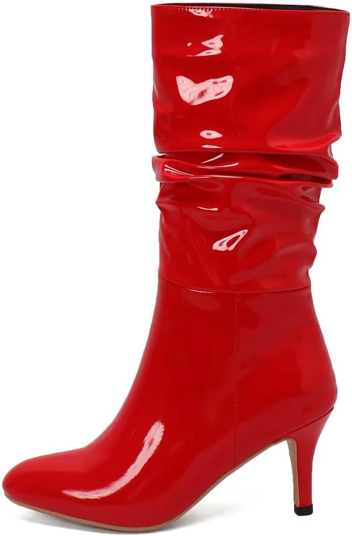 KOKOMOMO Womens Slouch Boots Pointed Toe Mid Calf High Heel Boots Shiny Patent Leather Boots