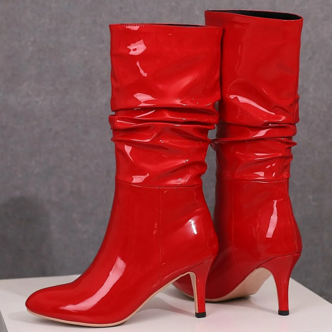 KOKOMOMO Womens Slouch Boots Pointed Toe Mid Calf High Heel Boots Shiny Patent Leather Boots