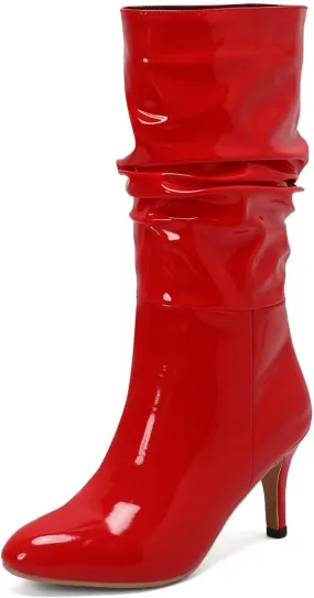 KOKOMOMO Womens Slouch Boots Pointed Toe Mid Calf High Heel Boots Shiny Patent Leather Boots