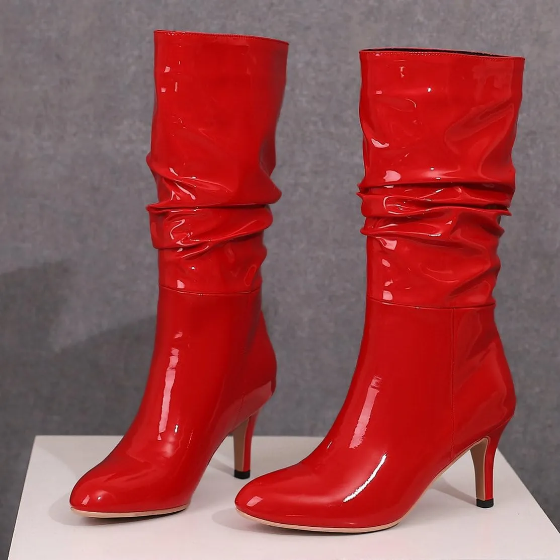 KOKOMOMO Womens Slouch Boots Pointed Toe Mid Calf High Heel Boots Shiny Patent Leather Boots