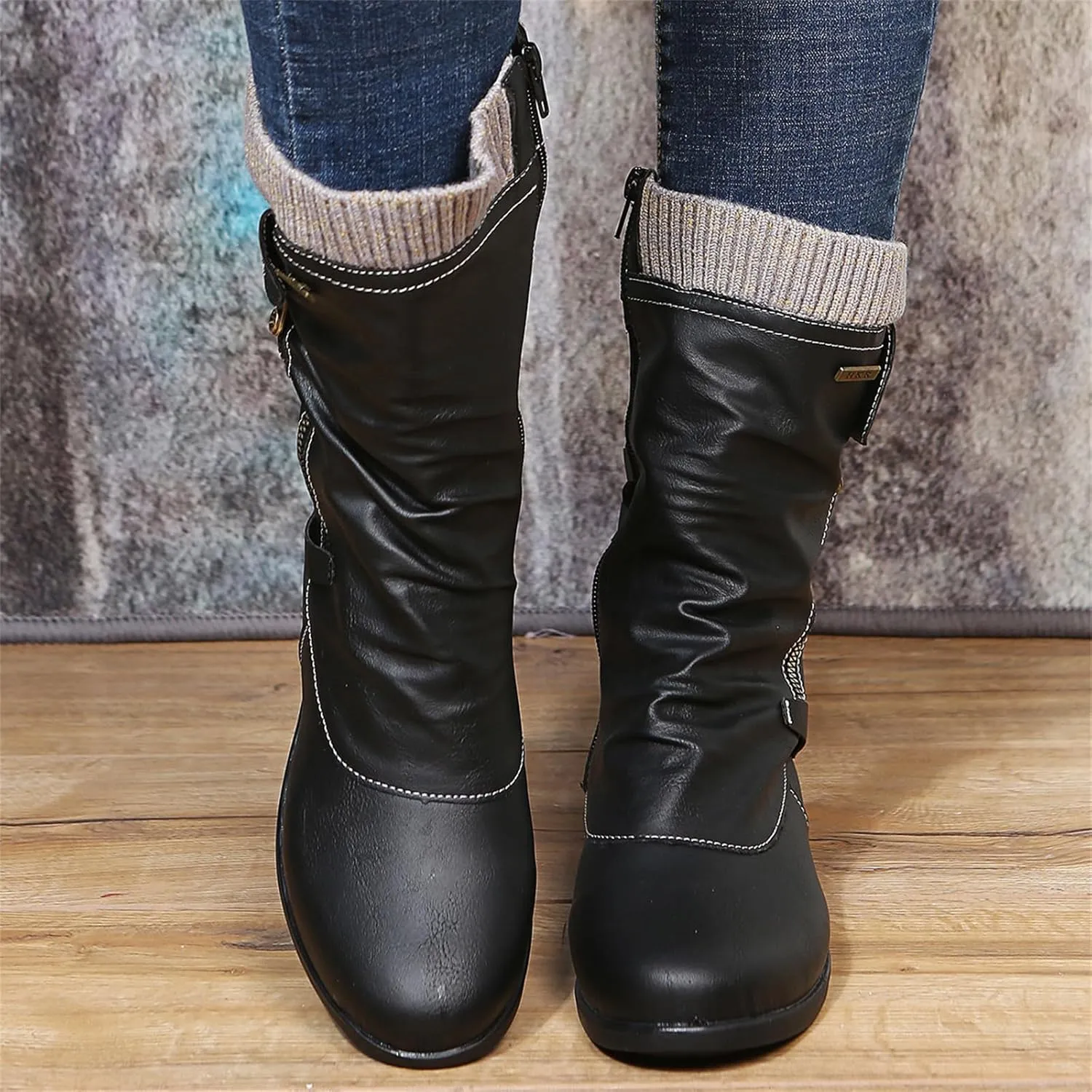 Ladmiple Boots For Women Ankle Booties Low Heel Mid-Calf Zipper Combat Military Shoes Motorcycle Riding Biker Boots