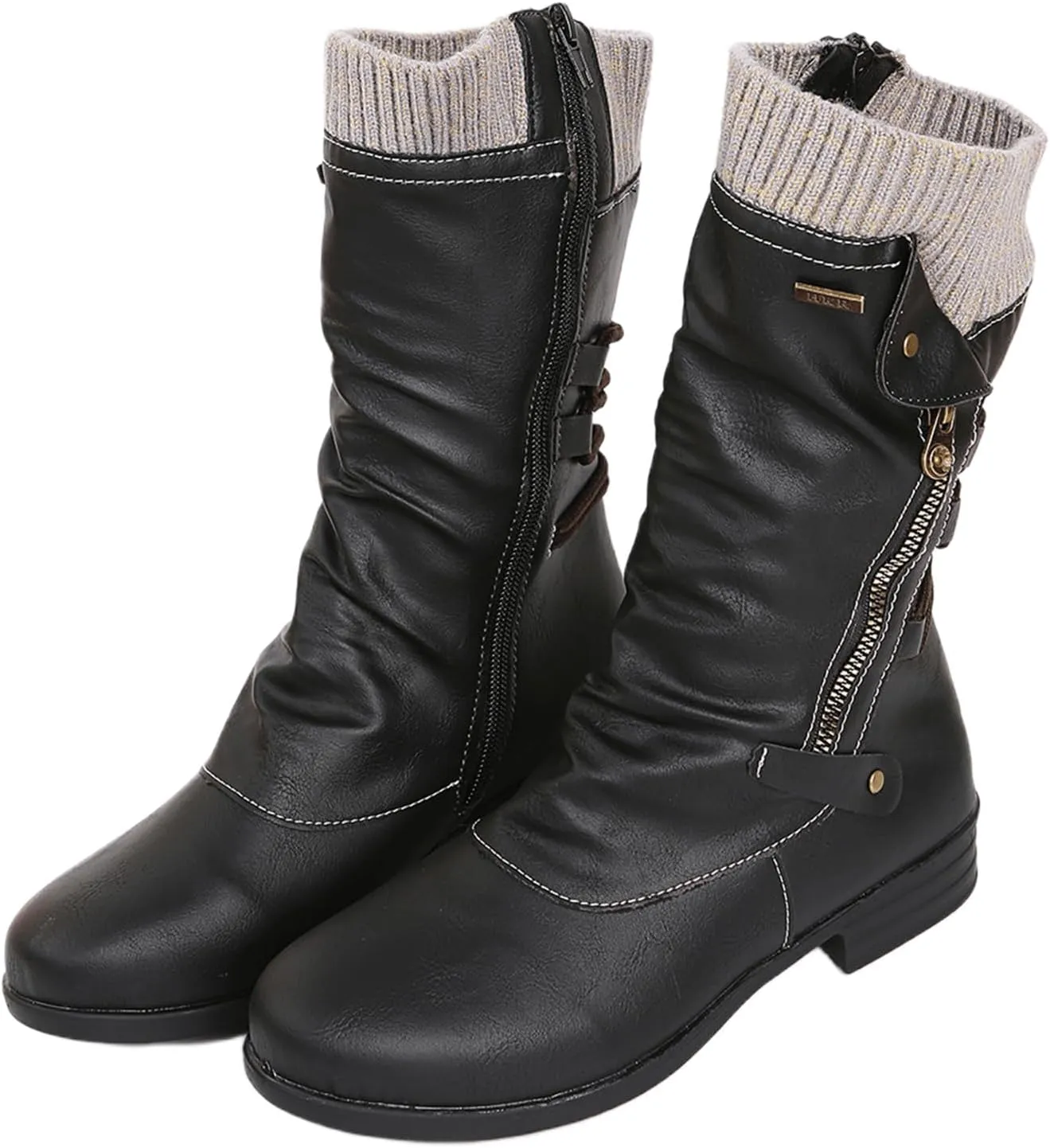 Ladmiple Boots For Women Ankle Booties Low Heel Mid-Calf Zipper Combat Military Shoes Motorcycle Riding Biker Boots