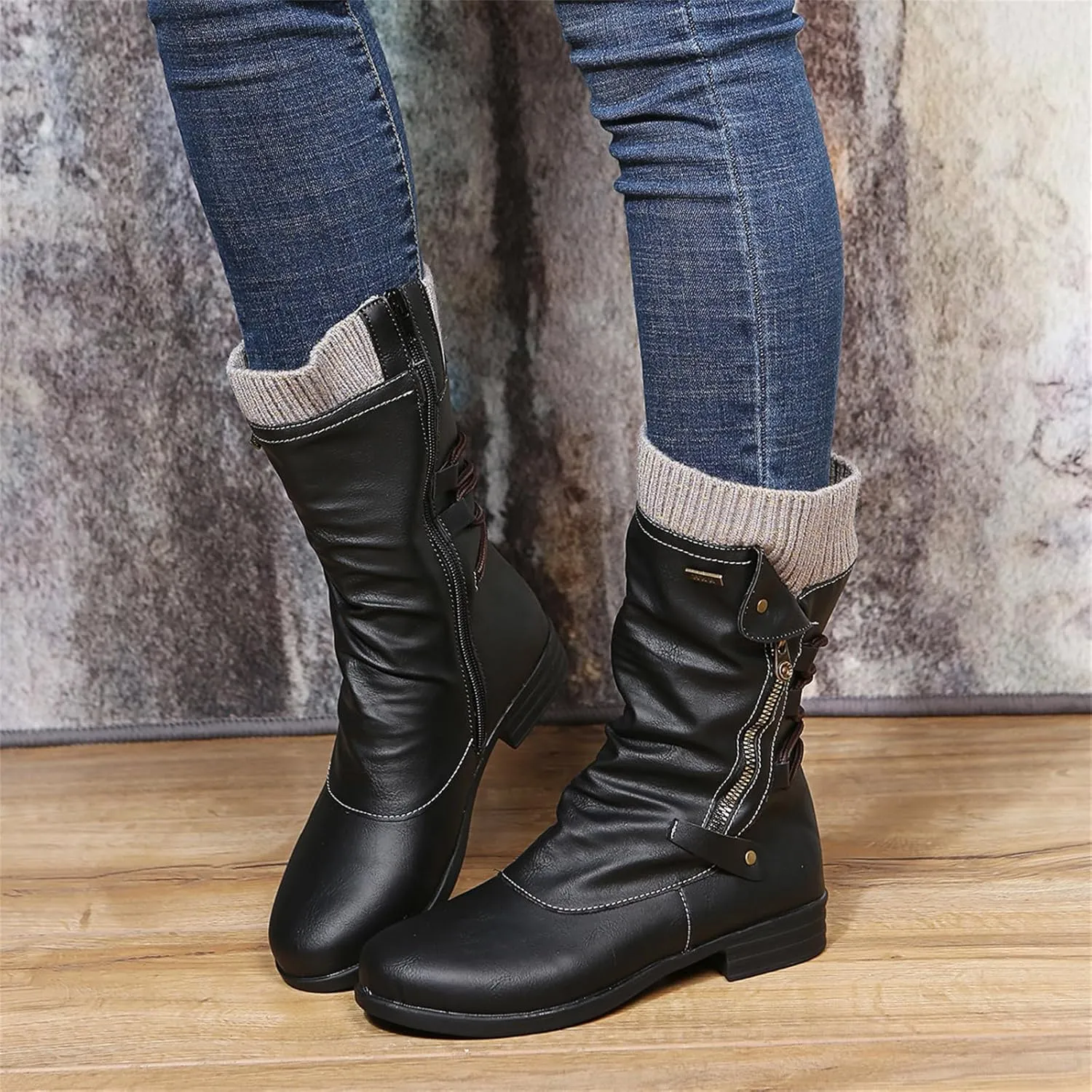 Ladmiple Boots For Women Ankle Booties Low Heel Mid-Calf Zipper Combat Military Shoes Motorcycle Riding Biker Boots