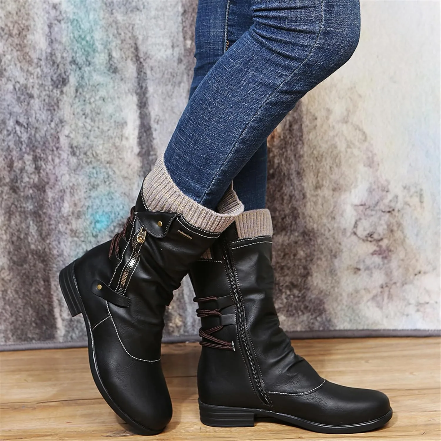 Ladmiple Boots For Women Ankle Booties Low Heel Mid-Calf Zipper Combat Military Shoes Motorcycle Riding Biker Boots