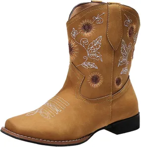 Ladmiple Boots For Women Fashion Mid Calf Cowboy Cowgirl Booties Wide Calf Chunky Block Heel Embroidered Western Boots