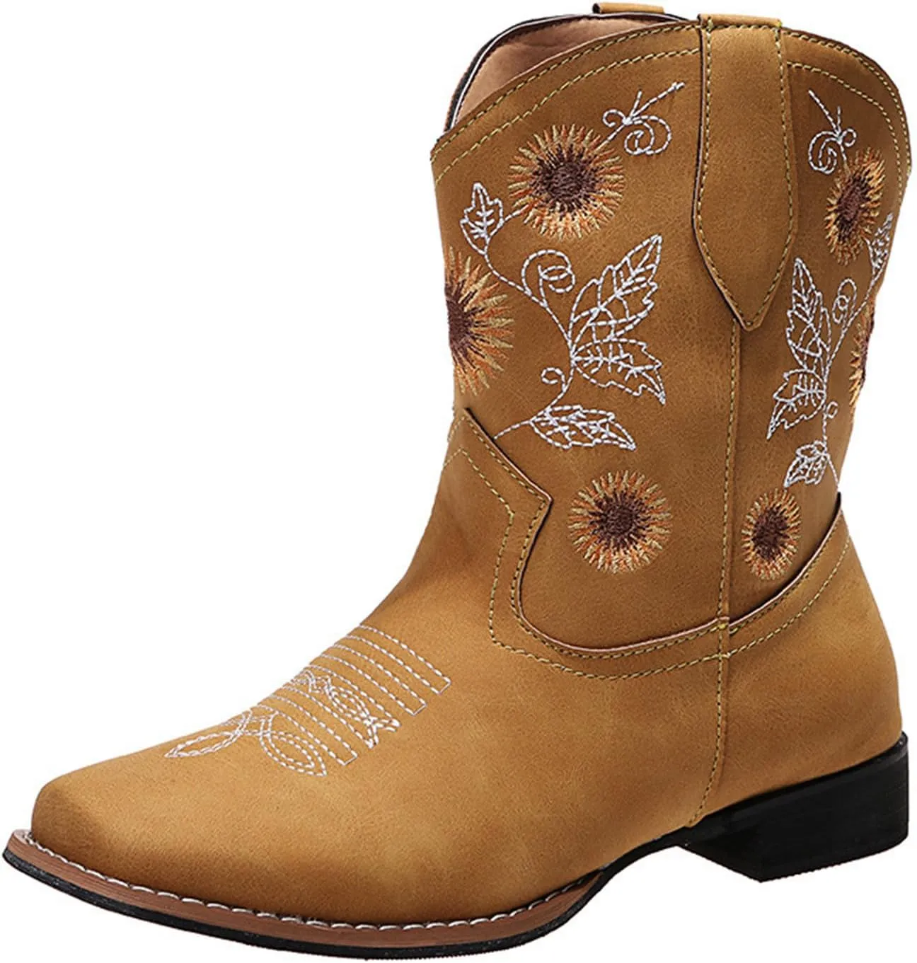 Ladmiple Boots For Women Fashion Mid Calf Cowboy Cowgirl Booties Wide Calf Chunky Block Heel Embroidered Western Boots
