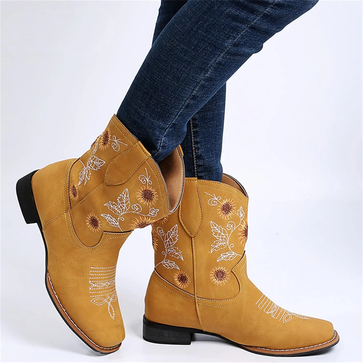 Ladmiple Boots For Women Fashion Mid Calf Cowboy Cowgirl Booties Wide Calf Chunky Block Heel Embroidered Western Boots
