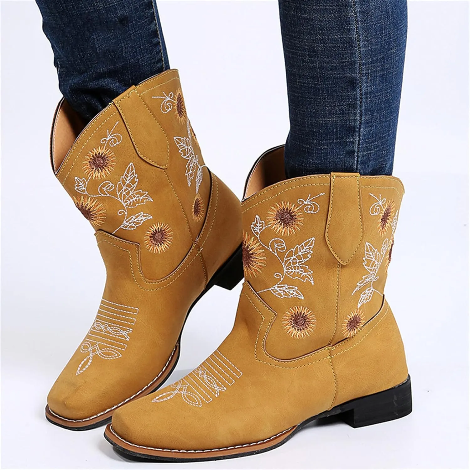 Ladmiple Boots For Women Fashion Mid Calf Cowboy Cowgirl Booties Wide Calf Chunky Block Heel Embroidered Western Boots