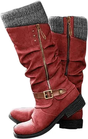 Ladmiple Cowboy Boots For Women Wide Calf Knee High Pull On Cowgirl Boots with Side Zipper Chunky Heel Western Boots