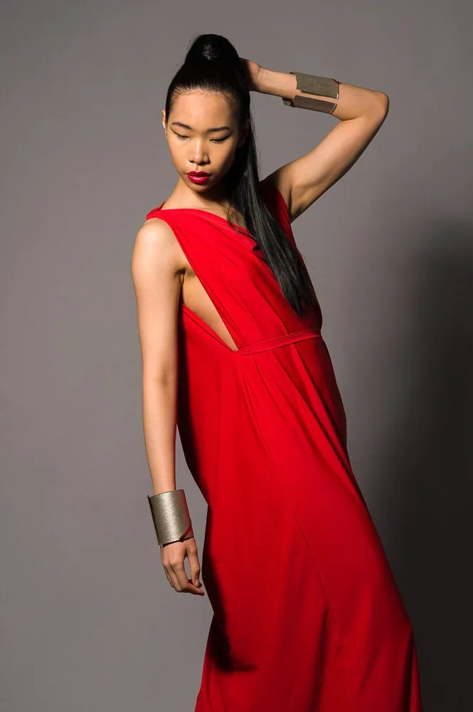 Long Red Grecian Backless Dress